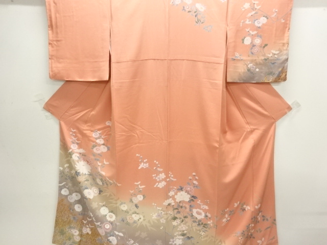 未使用品　仕立て上がり　手描き友禅草花模様訪問着